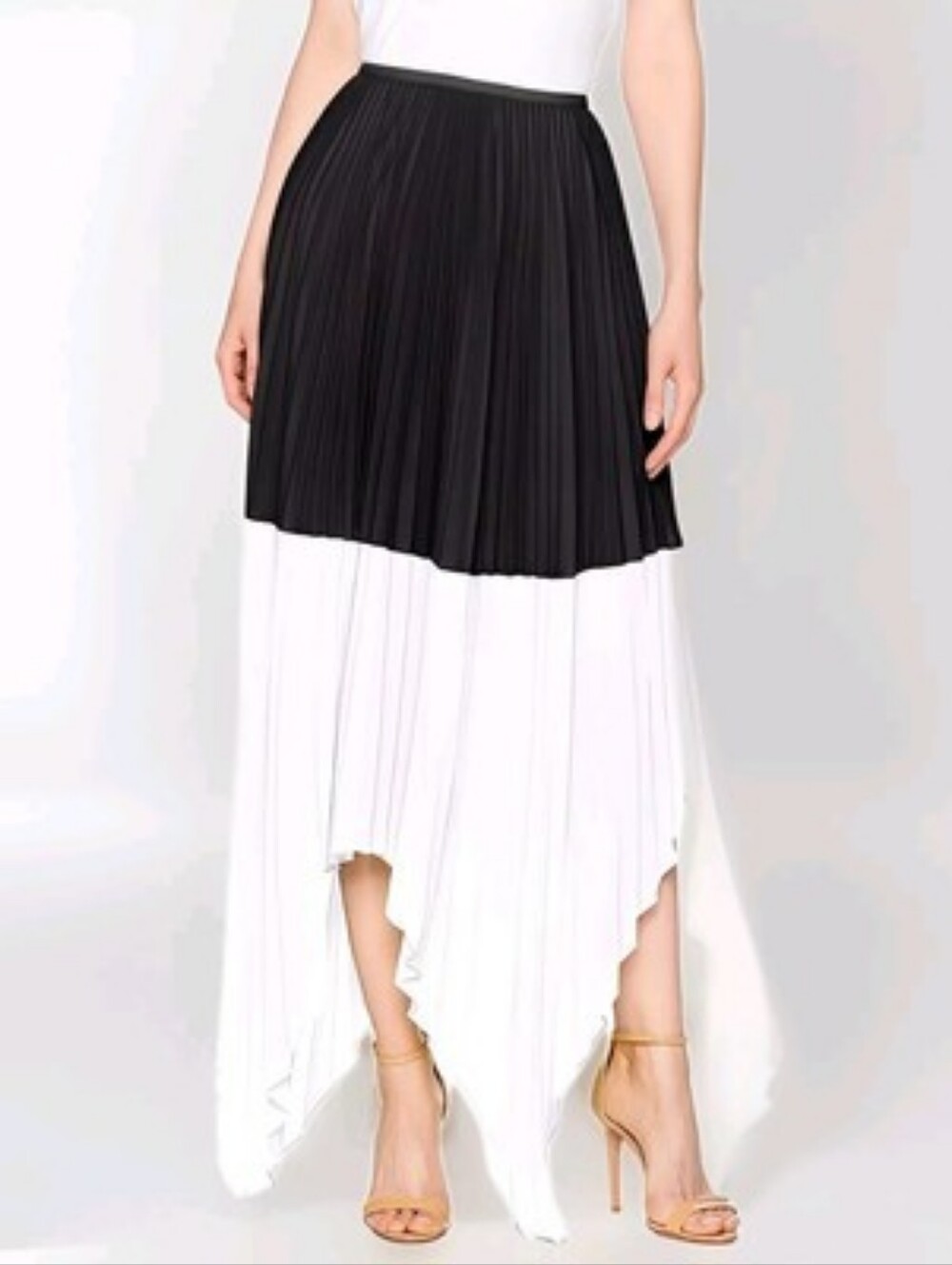 BCBGMaxAzria Christy Color Block Handkerchief Hem Pleated Satin Skirt